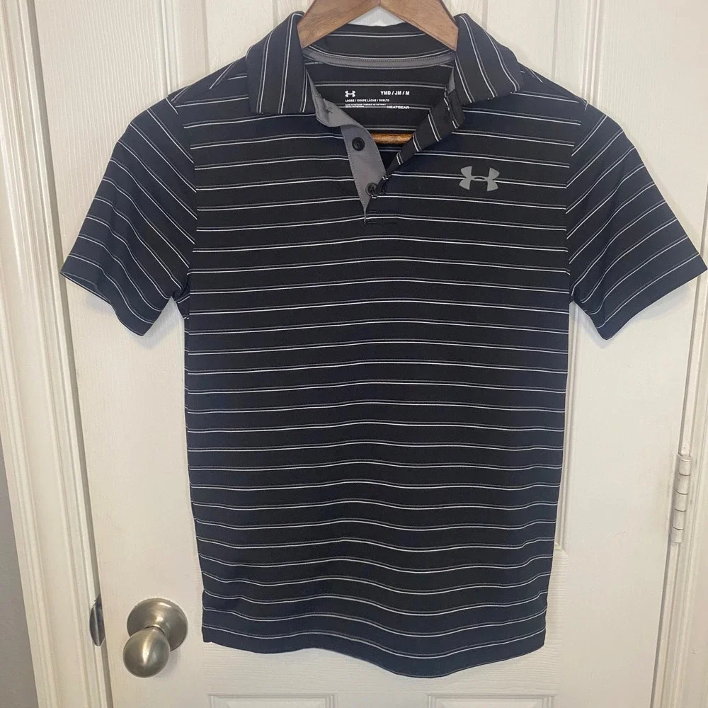 Under Armour Boys HeatGear Polo Shirt Black White Striped Youth Medium YMD